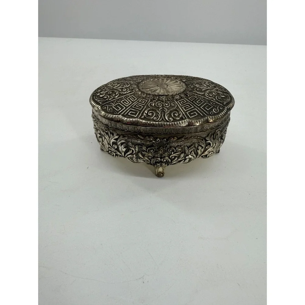 Jewelry Trinket Box Silver Plate Ornate Footed Floral Greek Key Vintage